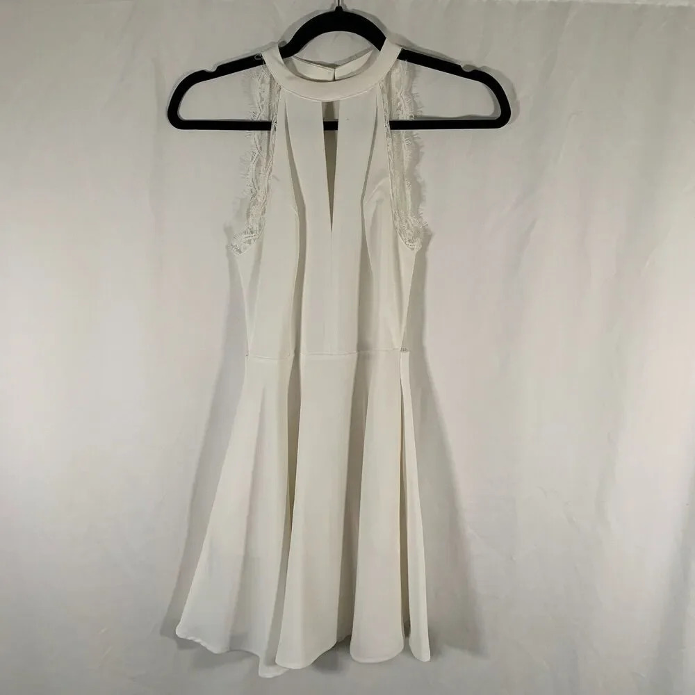NBD Mini Dress Women's XS White lace Back High Neck Fit Flare Sleeveless